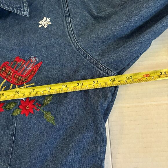 Cabin Creek Womens Denim Button Shirt Embroidered Nutcracker Christmas Large - Picture 7 of 10
